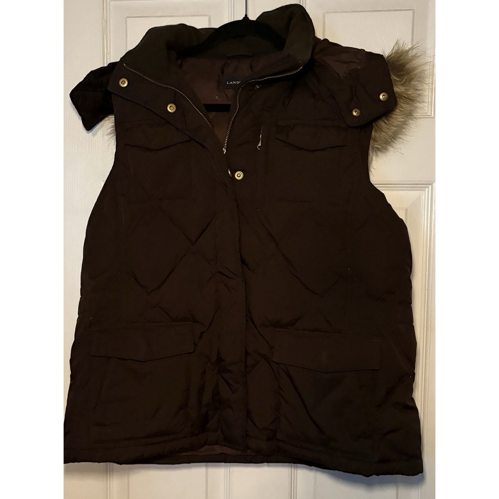 LANDS END BROWN DOWN QUILTED PUFFER REMOVABLE HOOD VEST L